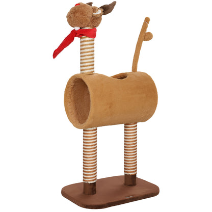 98cm Deer-Designed Cat Tree with Scratching Posts, Toy Ball, Tunnel, Brown