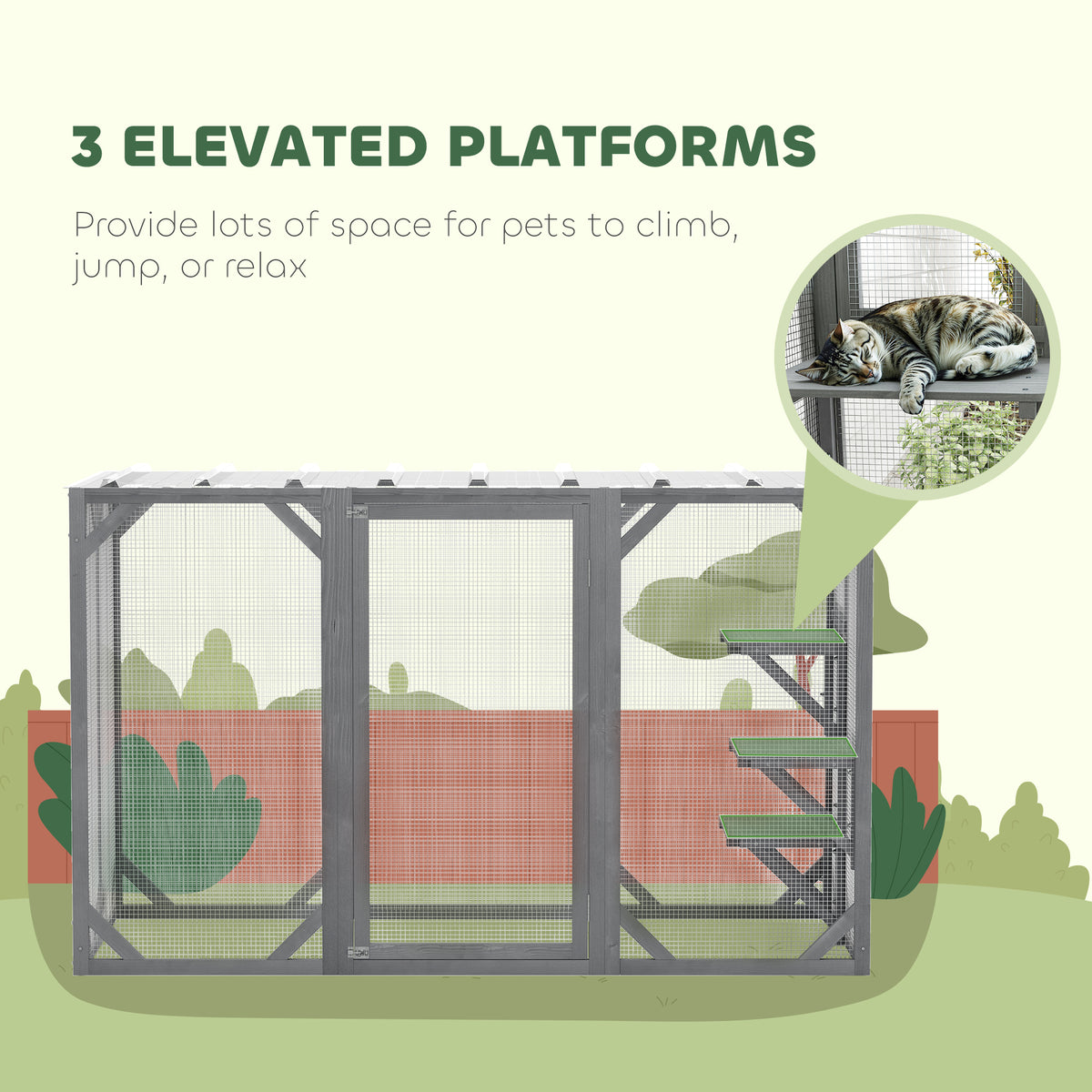 71" Outdoor Wooden Cat House with Three Platforms, Large Door, Water-Resistant Roof, for Multiple Cats, Grey