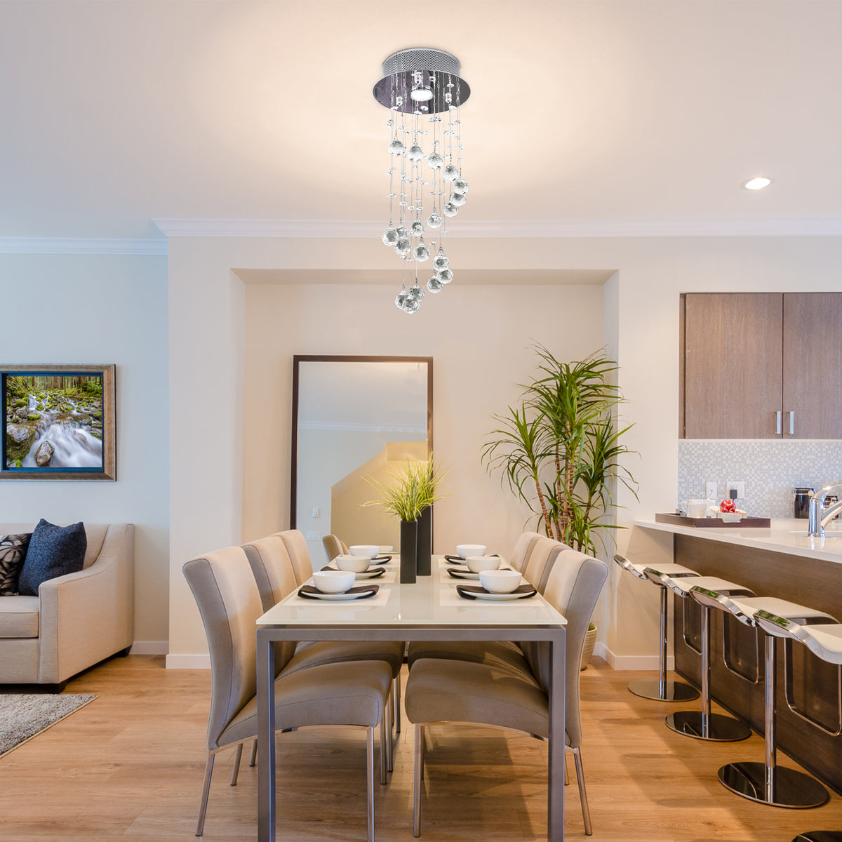 Metal Crystal Ceiling Light Chandelier Pendant Lamp Living Room Stairway Spiral Rain Drop Pendant Lamp Silver