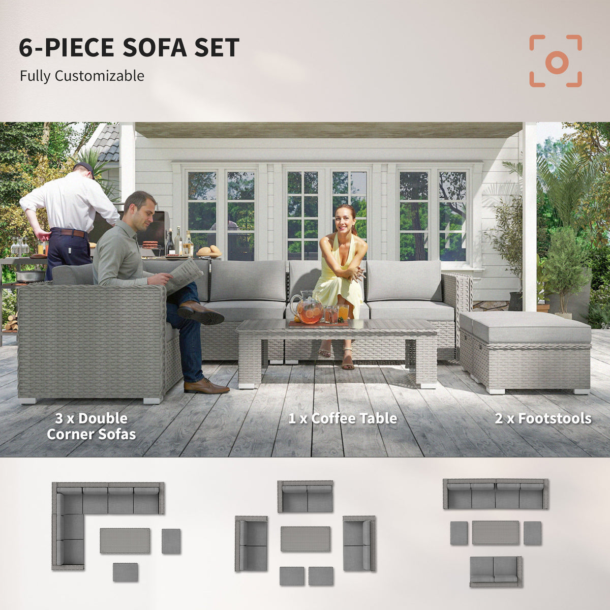 6 Pieces Outdoor PE Rattan Wicker Corner Sofa Set with Glass Top Coffee Table, Aluminium Conservatory Furnitur, Grey