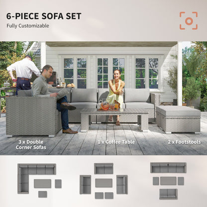 6 Pieces Outdoor PE Rattan Wicker Corner Sofa Set with Glass Top Coffee Table, Aluminium Conservatory Furnitur, Grey
