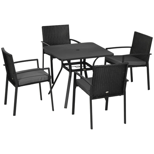 Five-Piece Garden Dining Set, with Rattan Seat Chairs and Cushions - Black