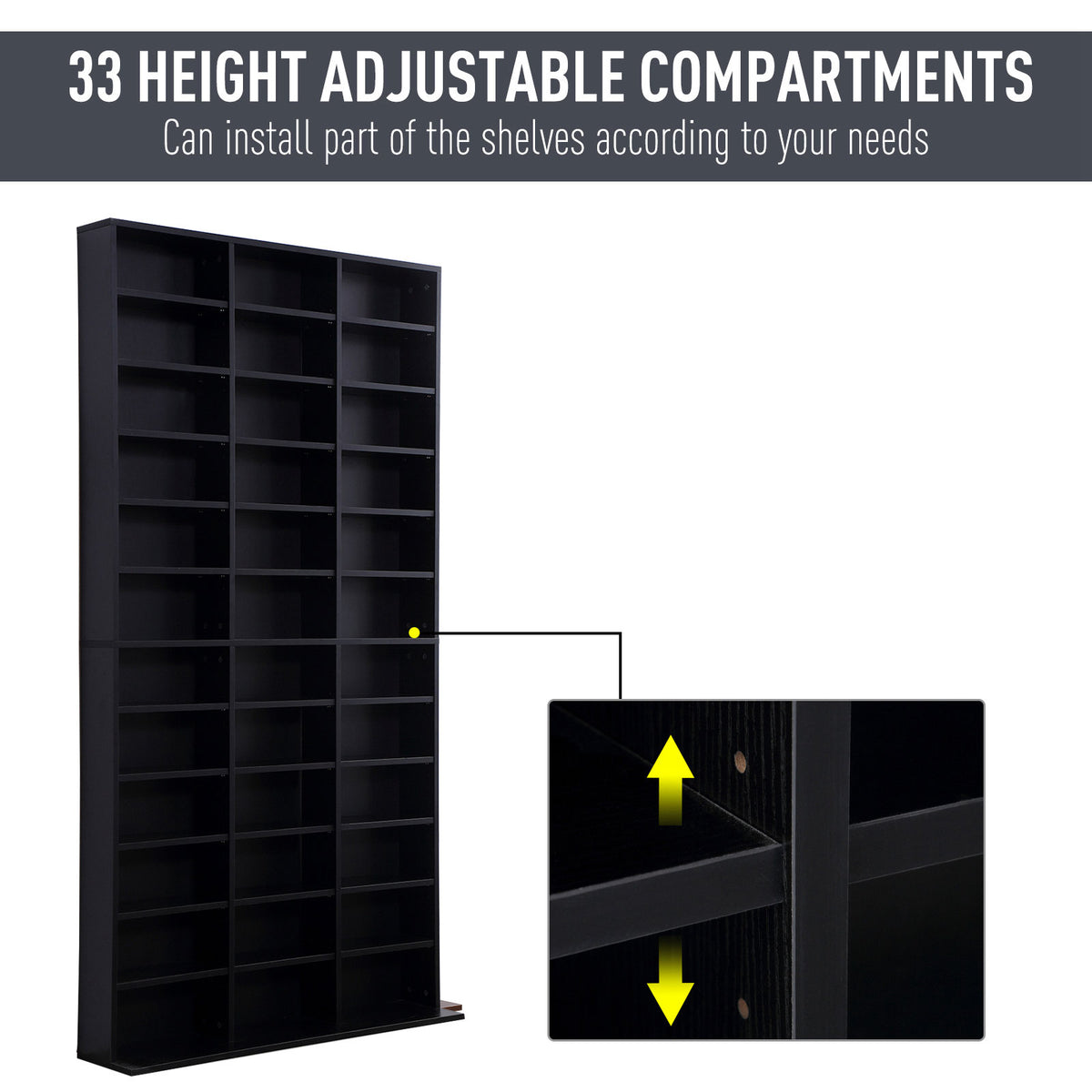 1116 CD/ 528 DVD Storage Unit, Media Storage Shelf, Wooden Display Unit with Adjustable Shelves, 102 x 195 cm, Black