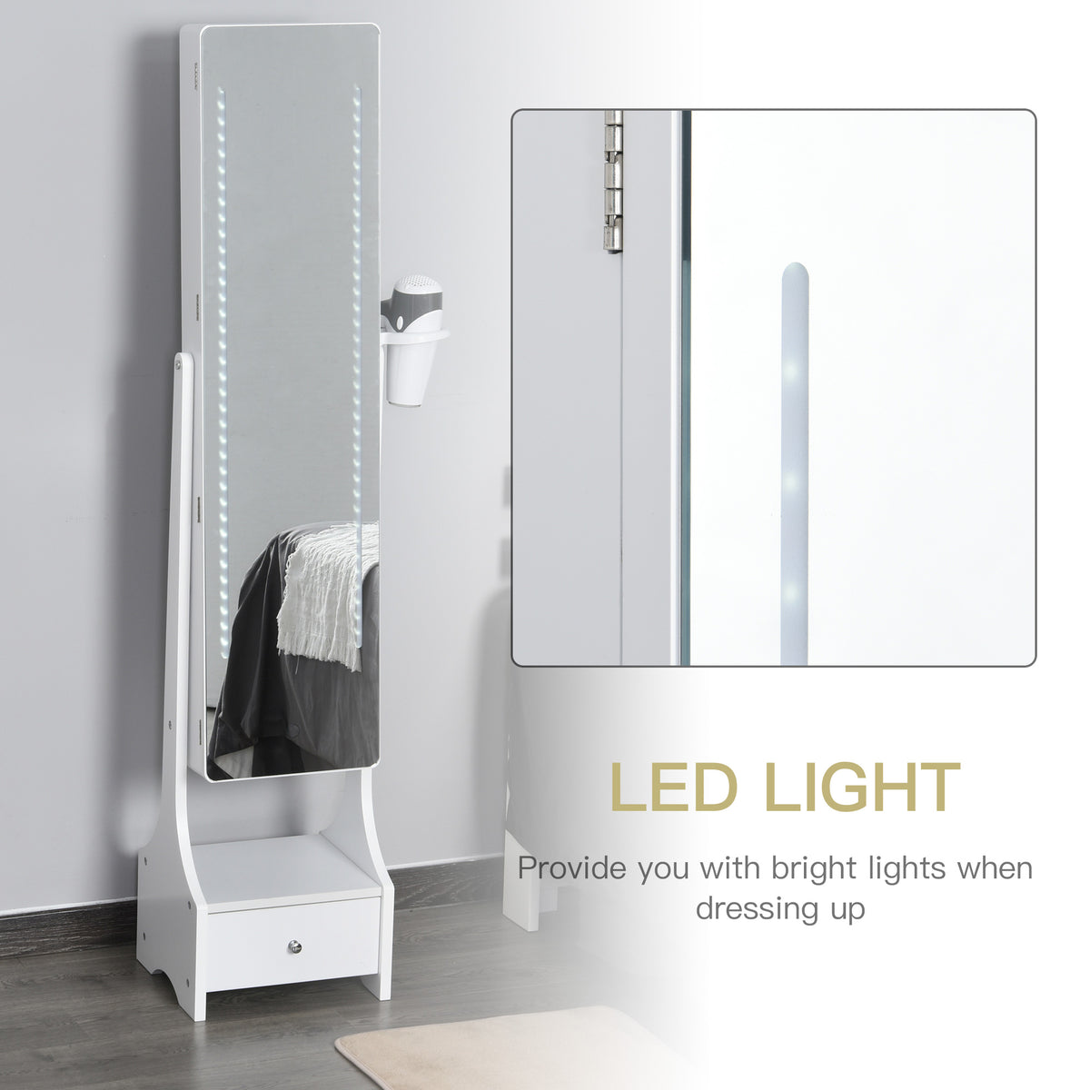 Jewellery Cabinet, Full Length Mirror with Storage, Free Standing Mirror with LED Lights, Hooks, Drawer and Hairdryer Holder for Bedroom, White