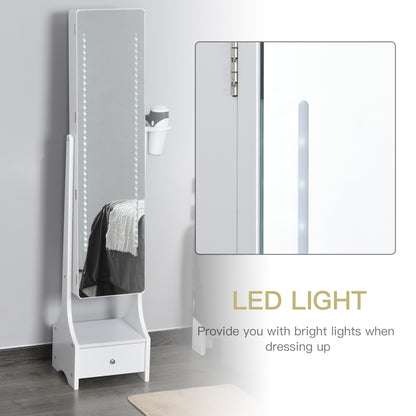 Jewellery Cabinet, Full Length Mirror with Storage, Free Standing Mirror with LED Lights, Hooks, Drawer and Hairdryer Holder for Bedroom, White