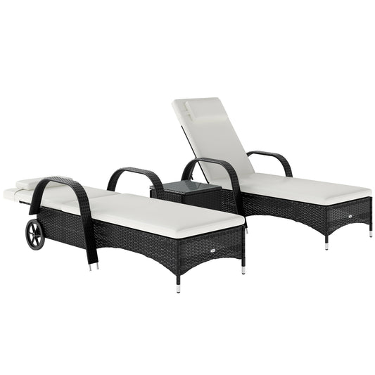 2 Seater Rattan Sun Lounger Set with Side Table Black