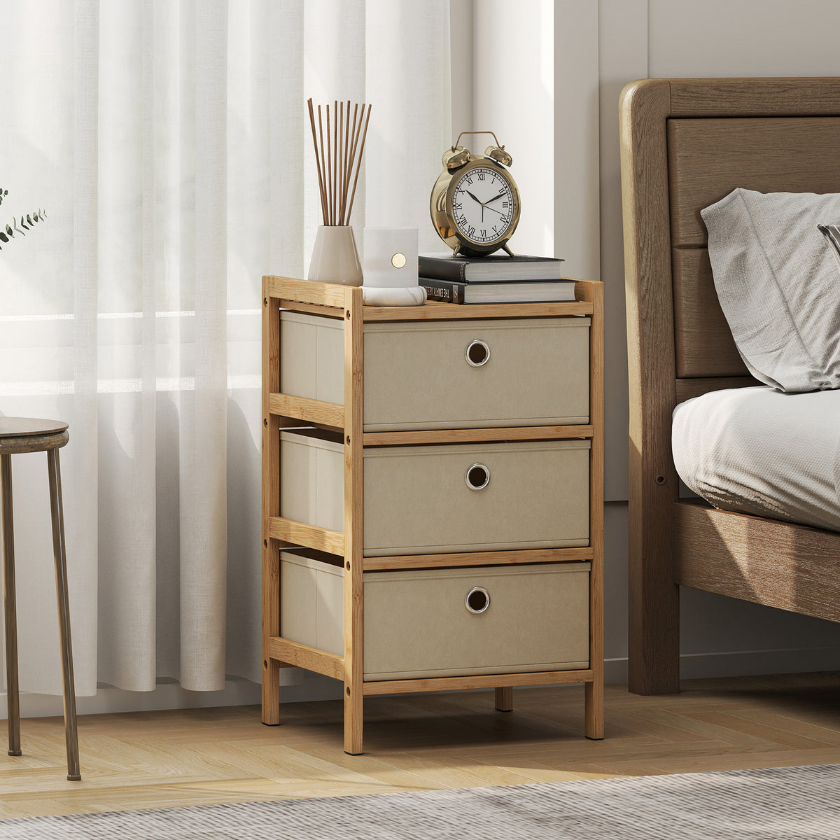 Chest of Drawers, 3 Fabric Drawers Narrow Dresser with Bamboo Frame, Cream White