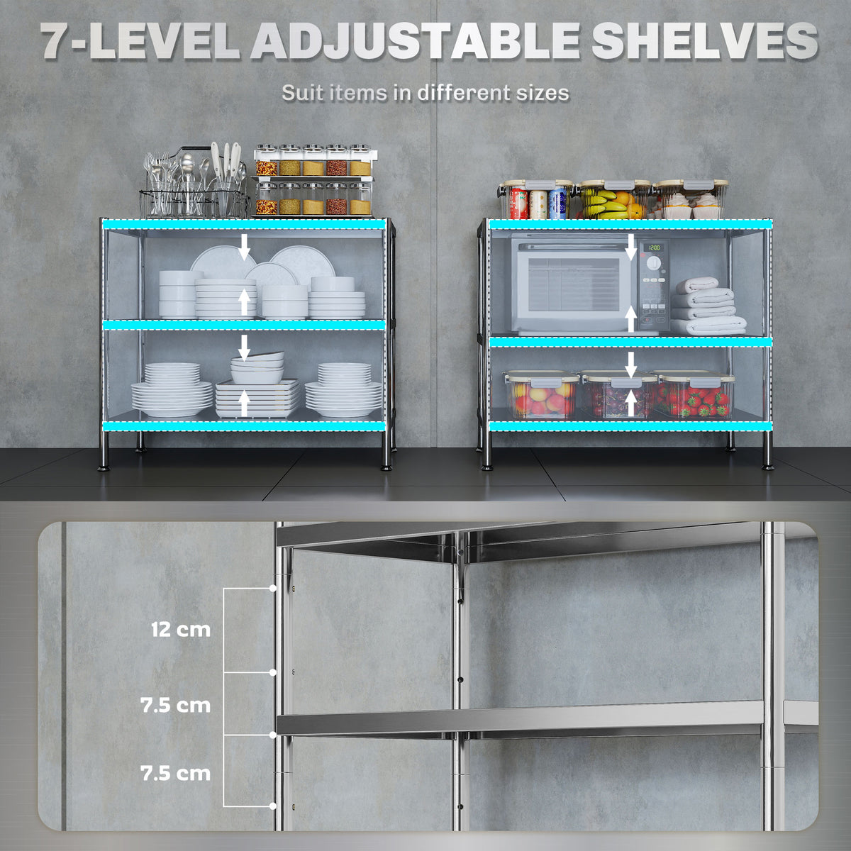 3-Tier Bakers Rack with Storage, Stainless Steel Microwave Stand with Adjustable Shelves for Small Spaces, Kitchen Storage Unit for Spices, Pots and Pans, Silver Tone