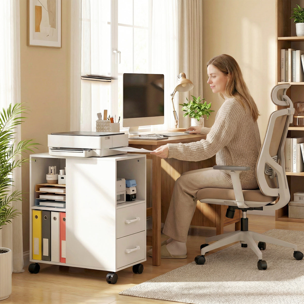 Narrow Mobile Printer Table with Wheels, Rolling Printer Stand with Drawers for Home Office, 30 x 60 x 65 cm, White