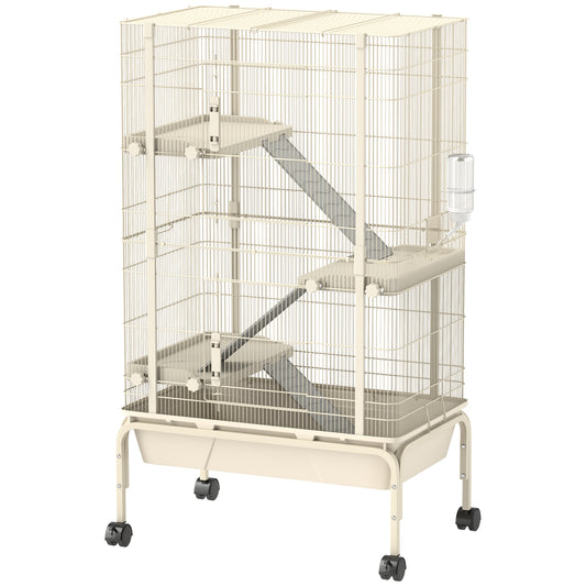 4-Level Rolling Small Animal Cage, Rabbit Cage with 3 Ramps, Water Bottle, Food Dish, 15cm Deep Tray, Beige