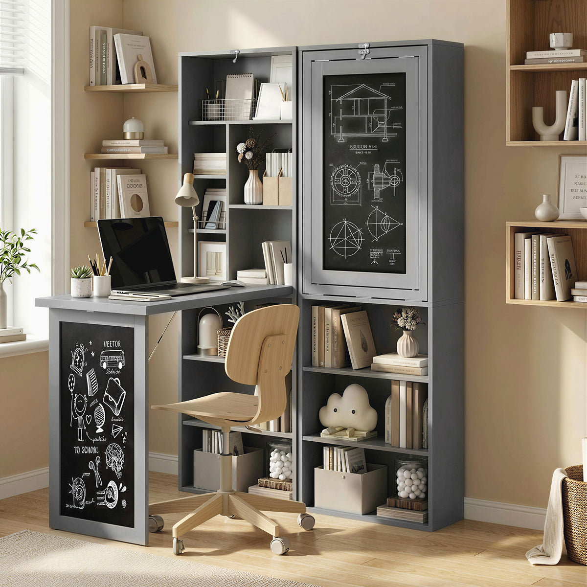 Folding Convertible Desk with Blackboard Multi-function Computer Office Workstation Side Shelf