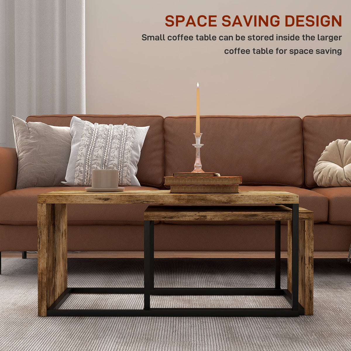 Nesting Coffee Table Set of 2, Industrial Stacking Side End Tables with Metal Frame for Living Room, Bedroom, Rustic Brown