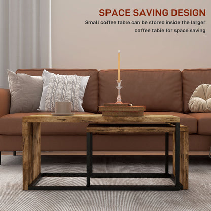 Nesting Coffee Table Set of 2, Industrial Stacking Side End Tables with Metal Frame for Living Room, Bedroom, Rustic Brown
