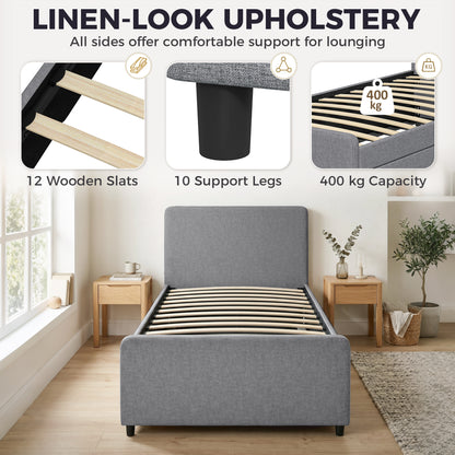 3ft Single Bed Frame with Trundle, Upholstered Pull Out Trundle Bed with Headboard and Footboard