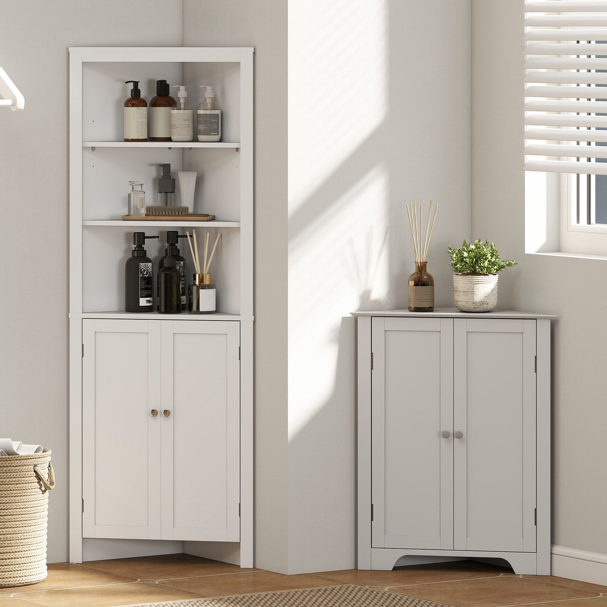 Triangle Bathroom Cabinet, Corner Bathroom Storage Unit with Cupboard and 3-Tier Shelves, Free Standing, White