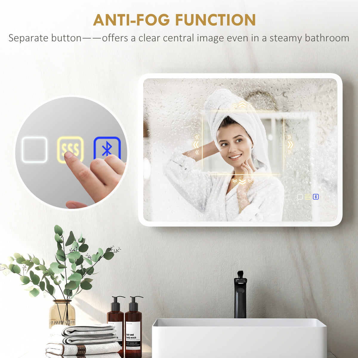80 x 60cm LED Bathroom Mirror, with Bluetooth - Silver Tone