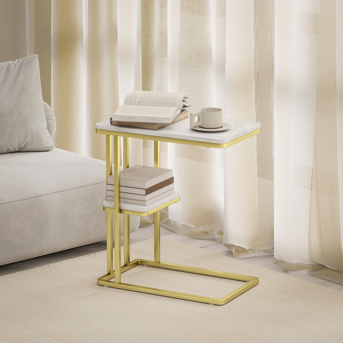C-Shaped Narrow Side Table, 2-Tier Slim End Table, Nightstand for Small Spaces, Living Room, Bedroom, White Marble Grain