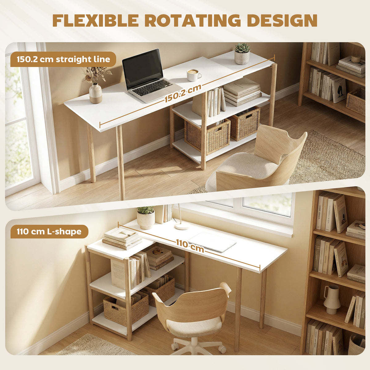 Computer Desk with Storage Shelves Modern Writing Desk Bamboo Frame for Home Office 150 cm White and Oak