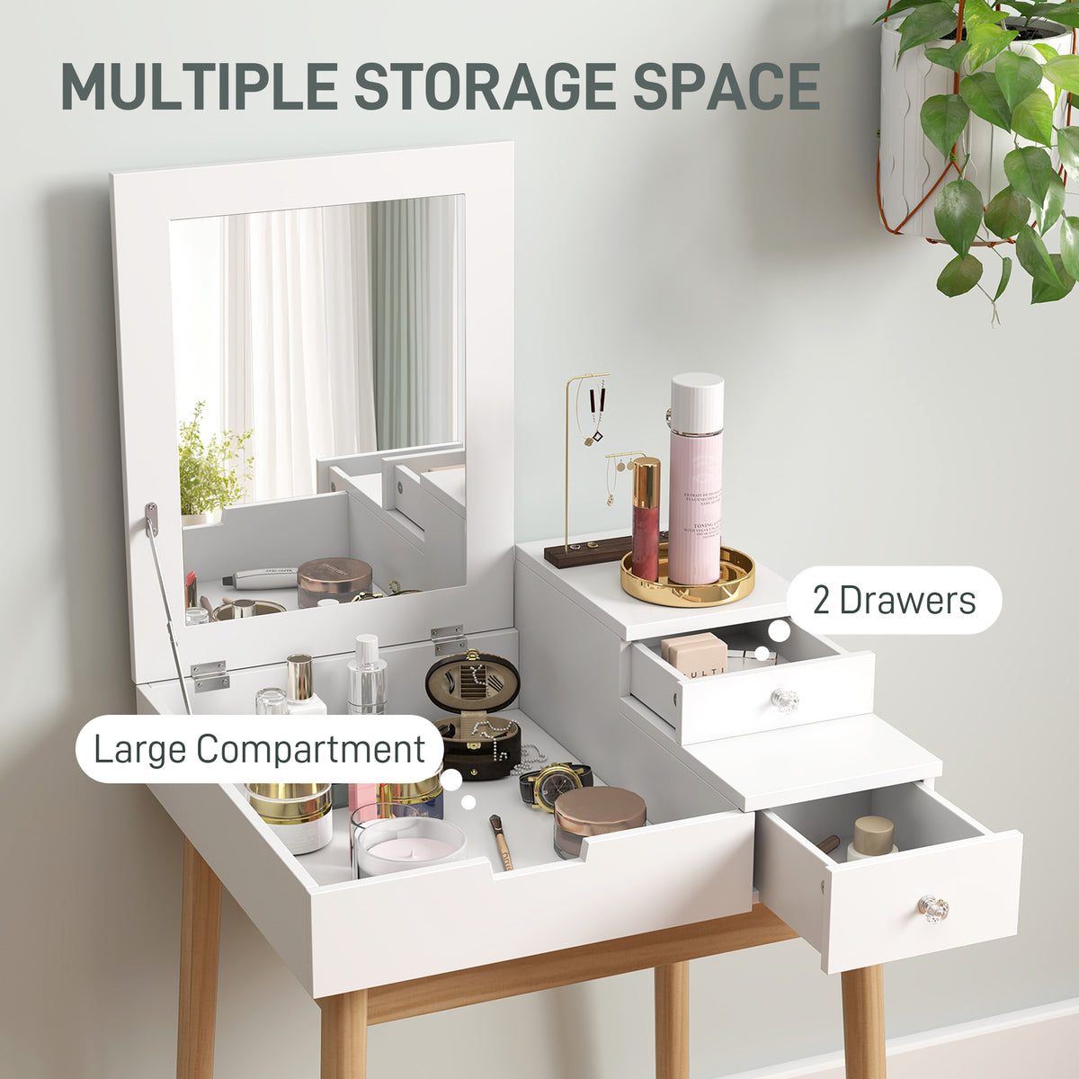 Dressing Table with Flip-up Mirror, Makeup Desk with 2 Drawers and Pine Wood Legs, Vanity Table Writing Desk for Bedroom Living Room