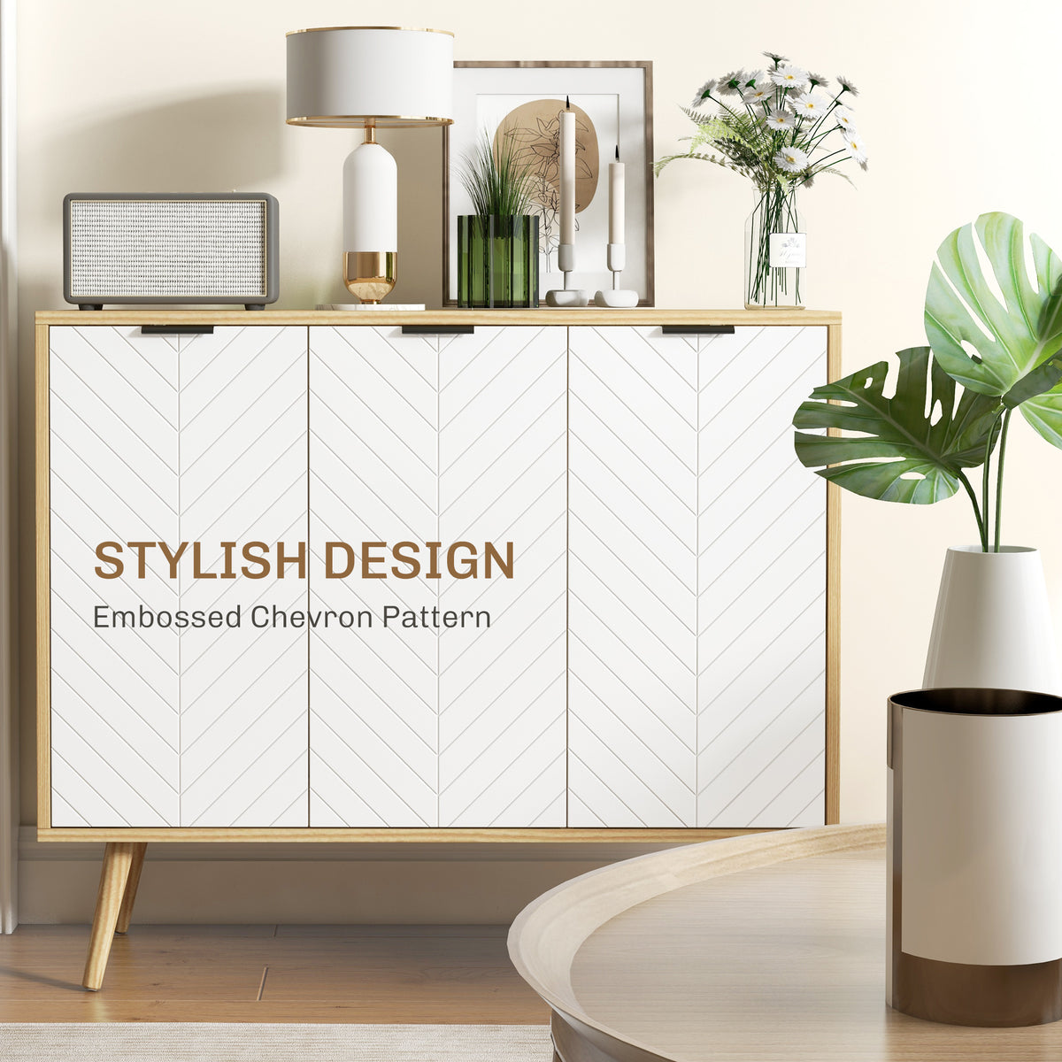 Modern Sideboard and Buffet, Dining Room Cabinet with Adjustable Shelves and 3 Doors, White