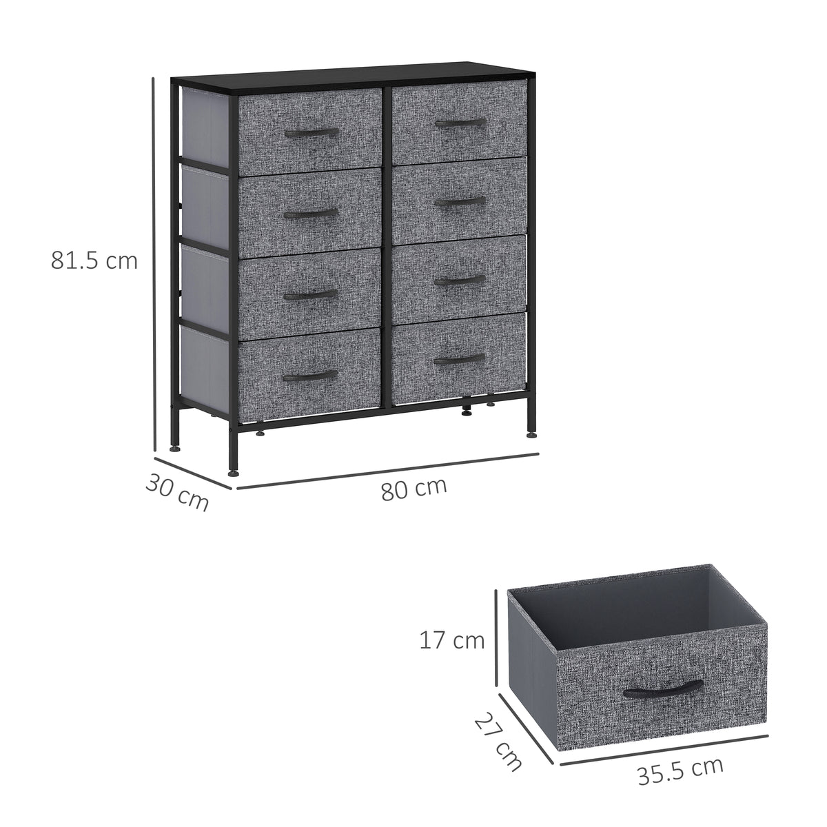 Fabric Chest of Drawers, Industrial Bedroom Dresser with 8 Fabric Drawers, Steel Frame and Wooden Top for Nursery, Living Room, Hallway, Black