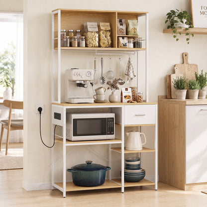 Kitchen Storage Rack with Power Outlet, USB and Type-C Ports, Drawer, Shelves and 4 Hooks, Oak and White