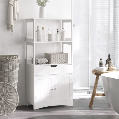 Bathroom Floor Cabinet, Free Standing Kitchen Cupboard with Shelves, Drawer and Doors, Storage Organizer for Living Room, White