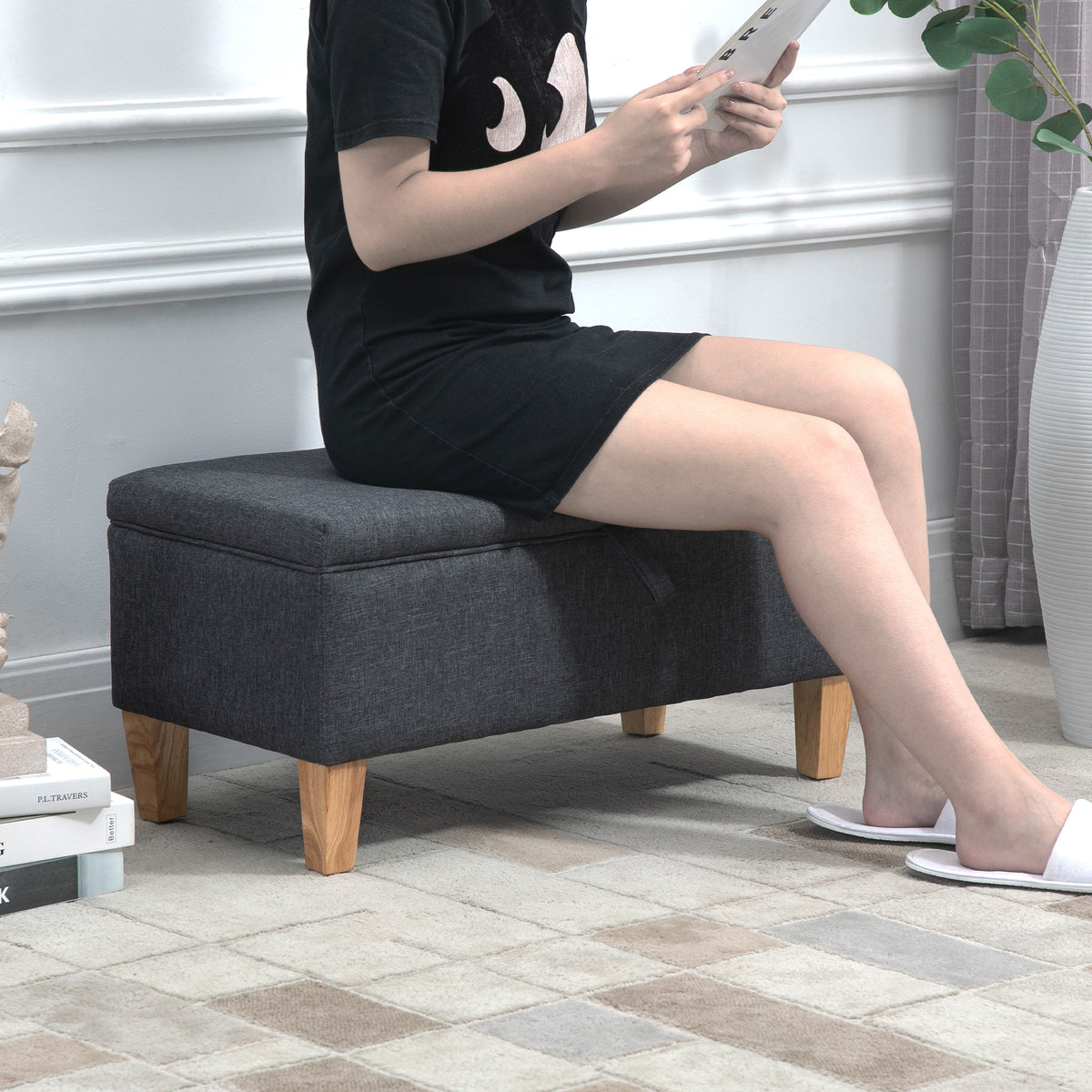 30L Linen Storage Ottoman Padded Footstool with Rubberwood Legs for Storage Box, Bed End, Shoe Bench, Seating, Dark Grey
