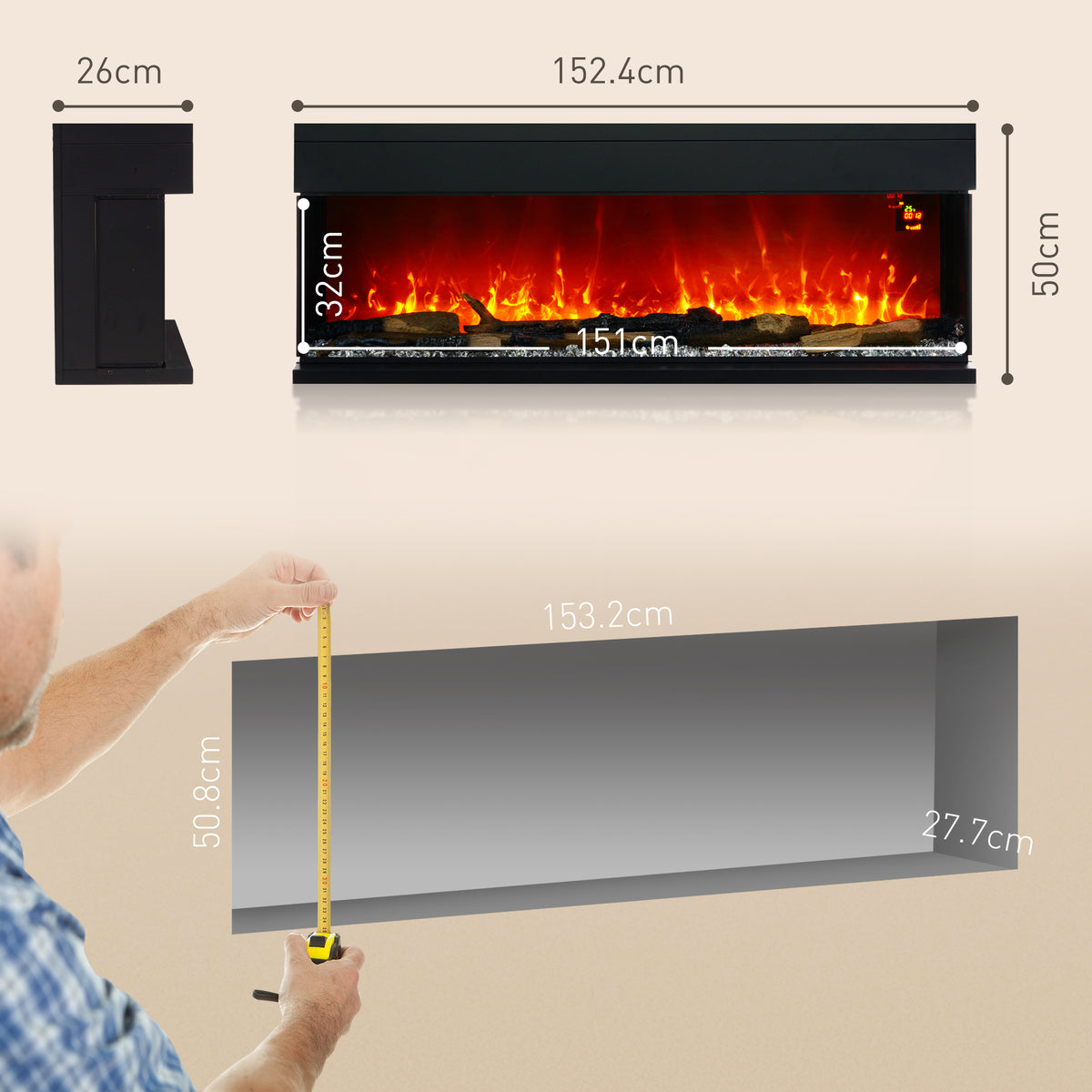 1800W 15-40℃ Adjustable Flame Glass Panel Convector Heater, 152cm