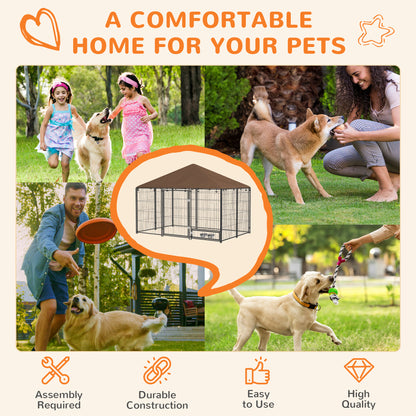 Large Dog Kennel Outdoor Dog Play Pen with Canopy Rotating Bowl for Large Dogs, Brown
