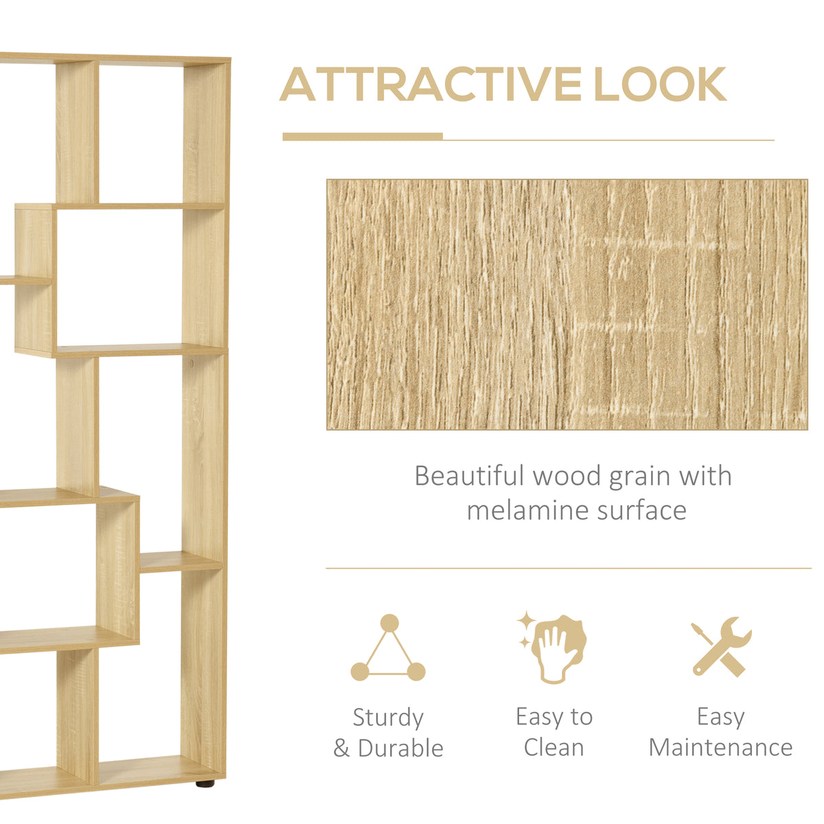 Bookshelf, Tall Bookcase, Modern Room Divider, 8 Cube Storage Unit, Freestanding Storage Shelf for Living Room, Bedroom, Home Office, 70 x 24 x 178 cm, Natural