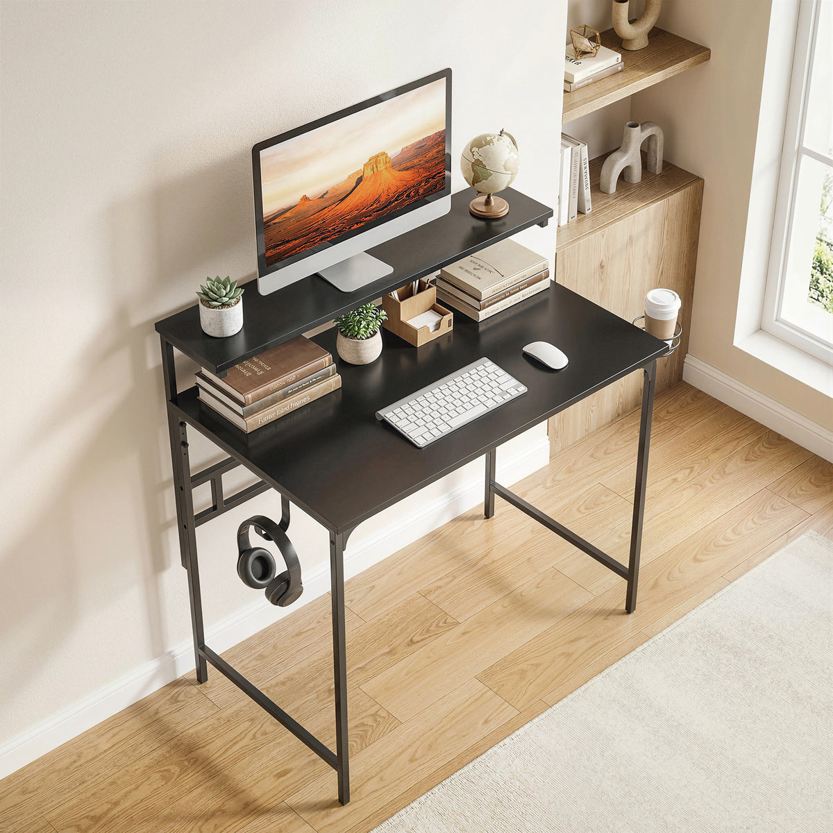 Computer Desk, 80cm Home Office Study Table with Hutch Shelf, Cup Holder, Headphone Hook