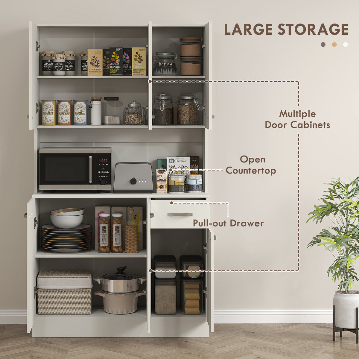 Freestanding Kitchen Pantry Storage Cabinet with Adjustable Shelves & Middle Worktop