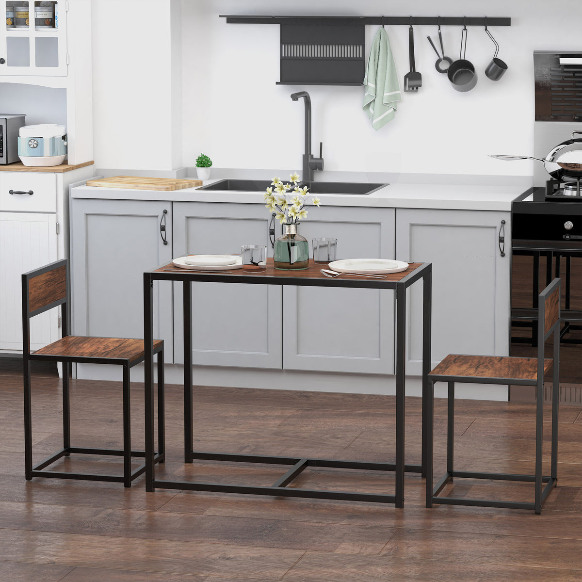 Dining Table and Chairs Set 2, Dining Room Sets, Rectangular Space Saving Table and 2 Chairs for Compact Kitchens, Steel Frame
