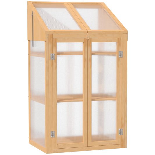 Wooden Cold Frame Polycarbonate Greenhouse with Openable Top Cover and Double Door, Grow House for Flower, Vegetable and Plants, 70 x 50 x 120cm