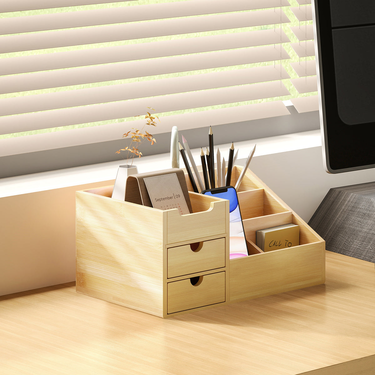 Desk Organiser Holder, Bamboo Multi-Function Storage Caddy with 7 Storage Compartments and 2 Drawers for Home Office Stationary Supplies, Natural Bamboo