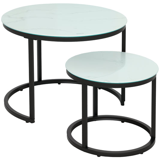 Glass Coffee Table Set of 2, Round Nest of Tables with Marble-Effect Tempered Glass Tabletop and Steel Frame, Modern Side Tables for Living Room, White