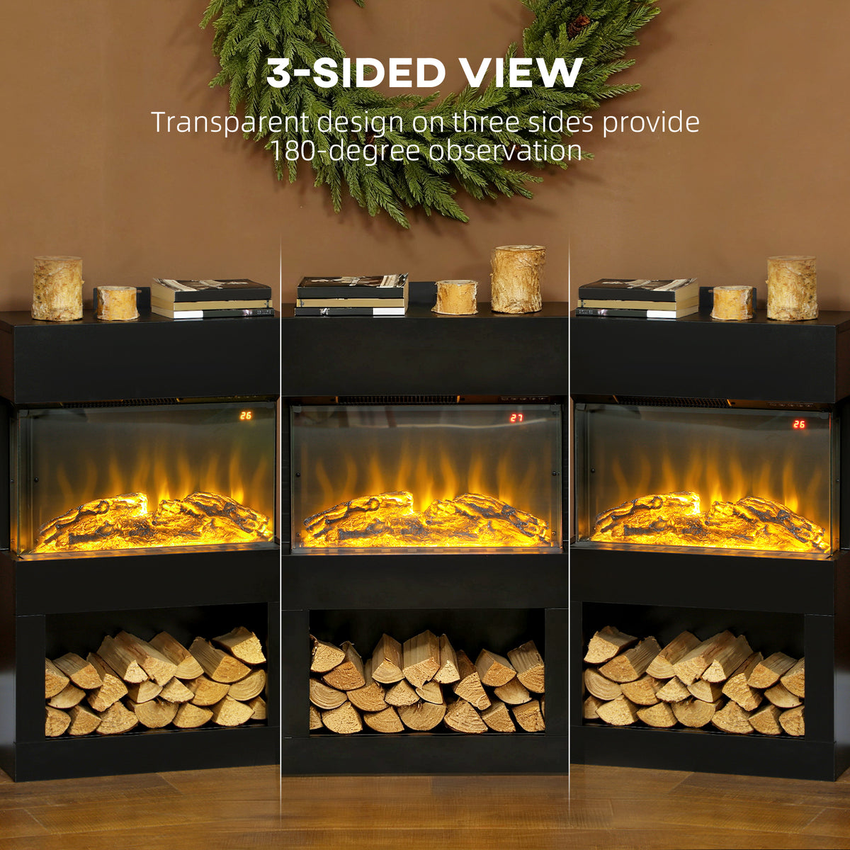 19" Electric Fireplace with Surround, 3D Flame Effect, 6 Colours & 3 Brightness Levels, 1000W/2000W Black Electric Fire and Mantel Reach up to 30㎡ Space with Remote & Timer, 3 Sided View