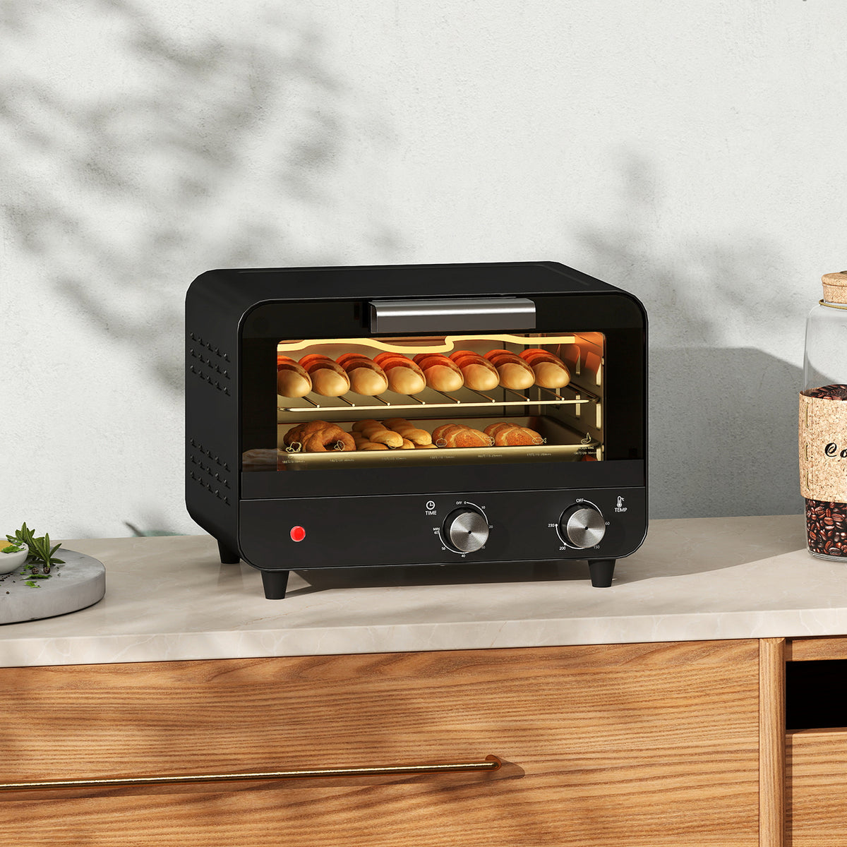 Small Toaster Oven, 12L Multifunction Mini Countertop Oven with Glass Door, Adjustable Temperature and Timer