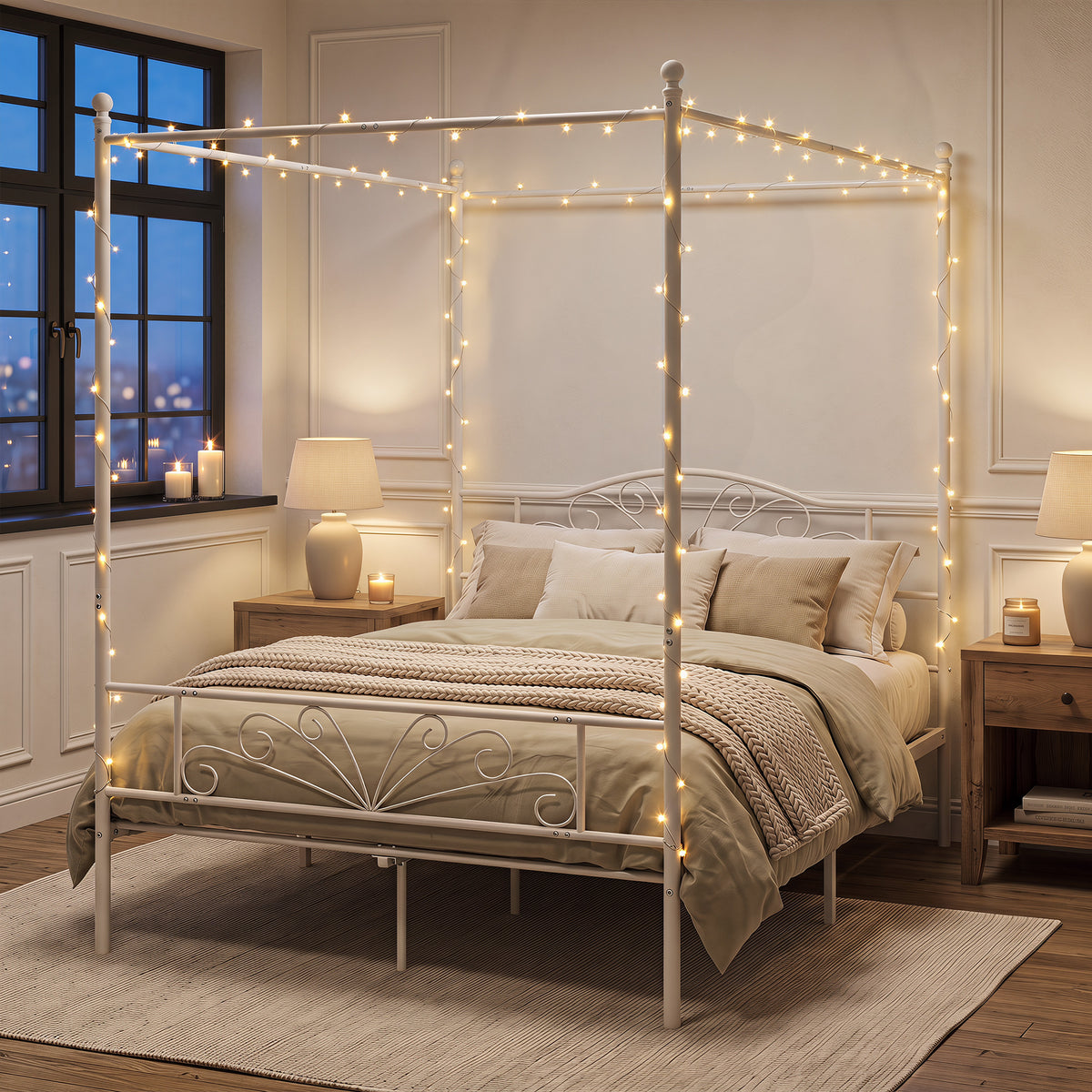Canopy Bed Frame Double Size, Metal Platform Bed Frame with Headboard and Footboard, Underbed Storage, White