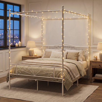 Canopy Bed Frame Double Size, Metal Platform Bed Frame with Headboard and Footboard, Underbed Storage, White