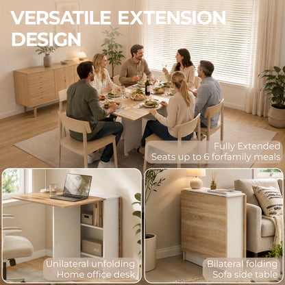 Folding Dining Table, Drop Leaf Table with 2-Tier Shelves, Rolling Casters, White and Natural