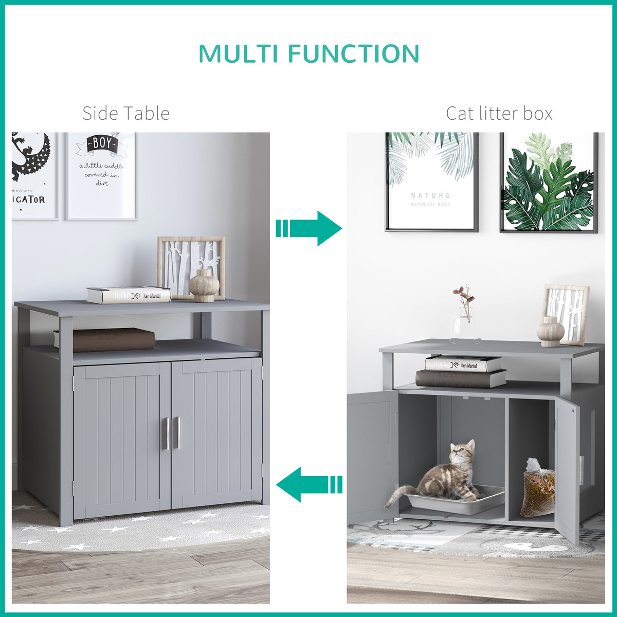Wooden Cat Litter Box Enclosure Furniture with Adjustable Interior Wall & Large Tabletop for Nightstand