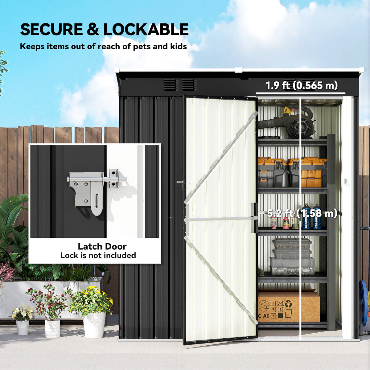 5 x 3 ft Lean-to Garden Shed, Outdoor Storage Shed with Lockable Door and Vents