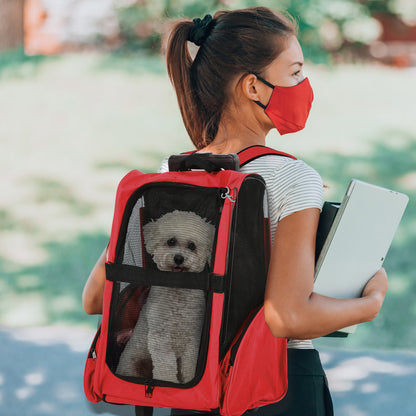 2 in 1 Dog Backpack and Trolley, Pet Travel Backpack Cat Dog Carrier with Telescopic Handle, Portable Pet Stroller Wheel Luggage Bag (Red)
