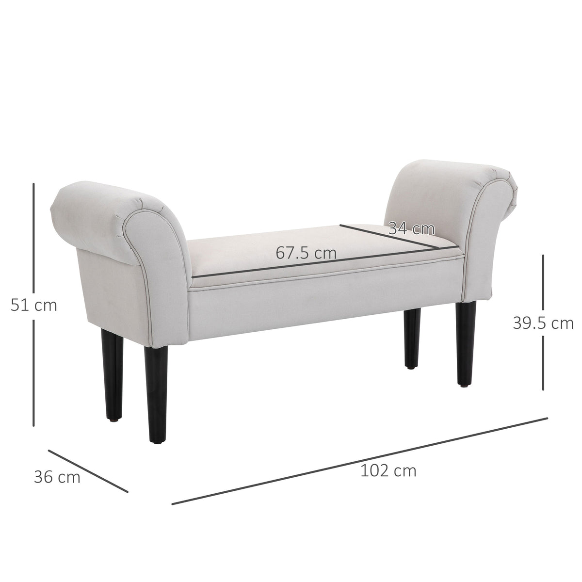End of Bed Bench, Upholstered Window Seat with Arms and Wooden Legs, Modern Shoe Bench for Entryway, Living Room, Bedroom, Greyish White