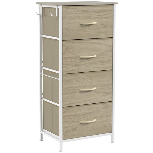 Chest of Drawers, Dresser with 4 Fabric Drawers, Tall Storage Unit with 4 Pockets and 2 Hooks, Steel Frame, Natural Wood