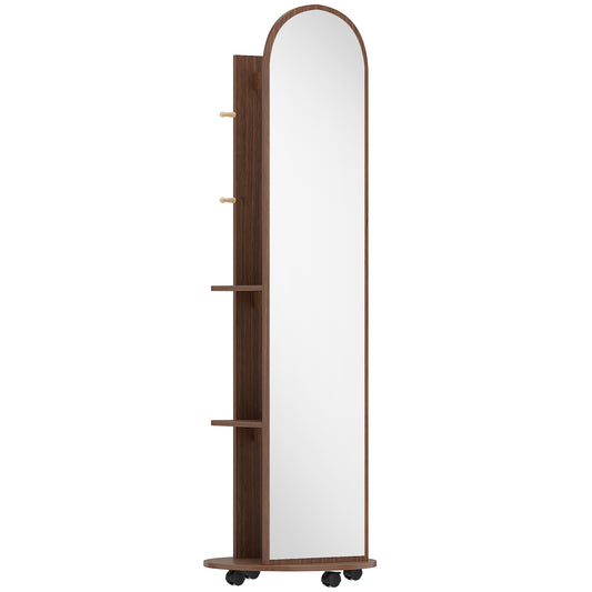 2-in-1 Full Length Mirror with Storage Shelves, Floor Mirror with 4 Wheels, Coat Rack, Hooks