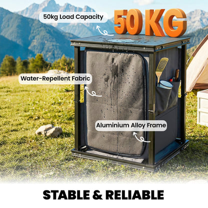 Camping Cupboards, Folding Portable Kitchen Table with 3-Tier Storage, Black