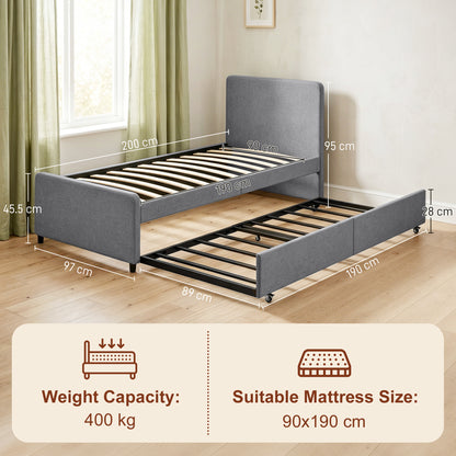 3ft Single Bed Frame with Trundle, Upholstered Pull Out Trundle Bed with Headboard and Footboard